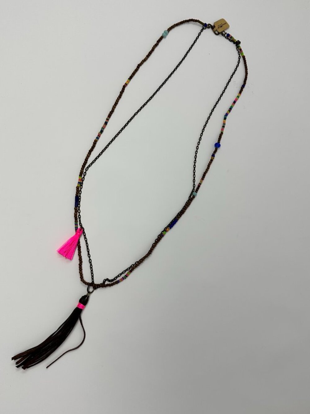 NWT Natural Life Boho Necklace Long with Beads & Brown Tassel Pendant 21”